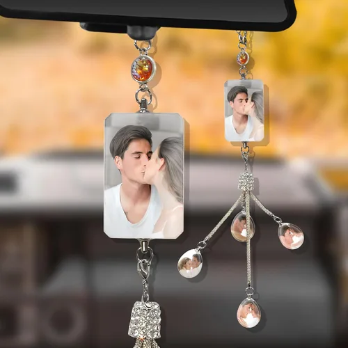 Miniatura 4 de Adornos colgantes de cristal con foto personalizada para automóvil, accesorios personalizados para espejo retrovisor para mujeres y hombres