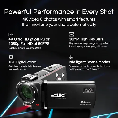 Miniatura 2 de Minolta Videocámara: 4K Ultra HD, fotos de 30 MP, visión nocturna con LED IR, zoom 16X, lapso de tiempo, antivibración, pantalla táctil, formato