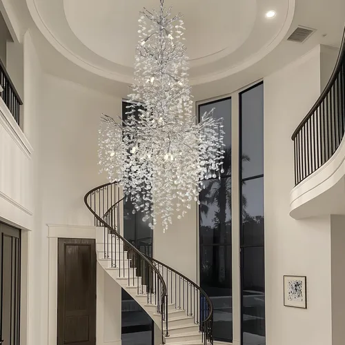 Miniatura 4 de Candelabros de Cristal Plateado H61'' para Techos Altos, Candelabros de Escalera, Candelabro Moderno de Rama de Árbol de Cristal, D40'' Candelabro