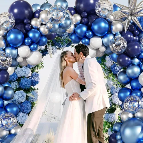 Miniatura 3 de Kit de arco de guirnalda de globos de color azul, blanco y plateado, 140 piezas globos de confeti azul marino claro metálico plateado y blanco