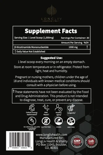 Miniatura 5 de LongLiv NMN Suplemento – Polvo avanzado de mononucleótido de nicotinamida NMN – Suplementos NMN formulados por médicos 1000 mg para optimización