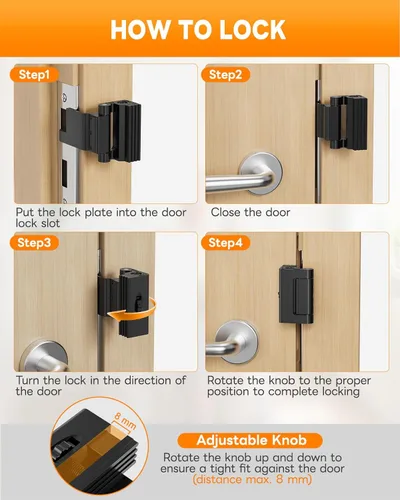 Miniatura 5 de Cerradura de Puerta Portátil para Viaje, Refuerzo de Puerta Ajustable Sin Taladrar, Pestillo de Parada Extra para Habitación de Hotel, Apartamento