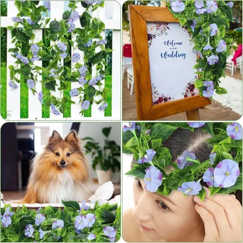 Miniatura 7 de AirSun Vid de flores artificiales de gloria matutina, 2 plantas colgantes de 15 pies, guirnalda de seda falsa de plantas verdes falsas