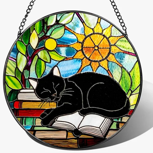Colgante de Vidriera, Gato Negro de 8 Pulgadas sobre Libro Atrapasol de Vidriera, Decoración Colgante para Ventana, Regalos para Amantes de los