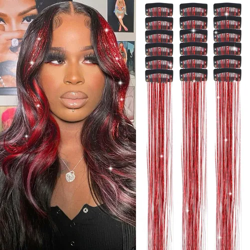 Miniatura 10 de Paquete de 12 extensiones de cabello de oropel con clip, 24 pulgadas, accesorios para el cabello de hada brillante para niñas y mujeres, fiesta