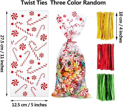 Miniatura 2 de Boao 100 bolsas de celofán, bonitas bolsas de golosinas transparentes con 150 lazos giratorios para suministros de fiesta (estilo navideño 11)