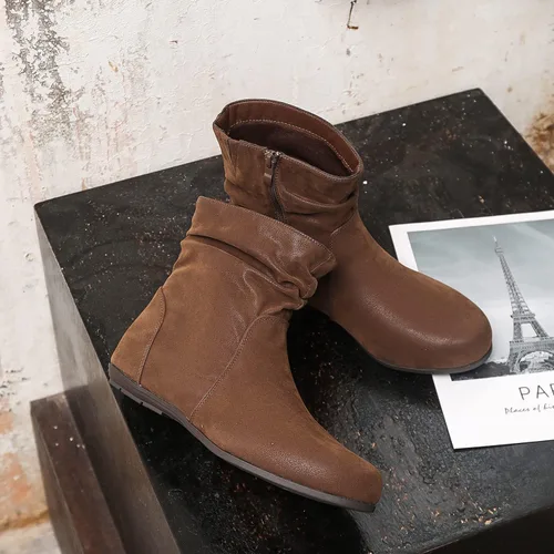 Miniatura 5 de Luoika Botines anchos para mujer, botas cortas negras y marrones con tacón bajo y cremallera lateral.