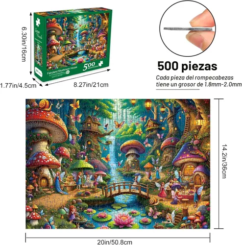 Miniatura 2 de Rocorose Rompecabezas de 500 Piezas para Adultos, Rompecabezas de Casa de Hongos Desafiante del Pueblo de Hadas con Hongos, Juego Educativo