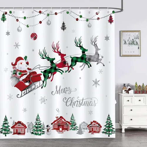 Miniatura 2 de Bonhause Cortina de Ducha Feliz Navidad a Cuadros Rojos y Verdes Papá Noel Trineo Reno Decoración de Baño 72 x 72 Pulgadas Tela de Poliéster