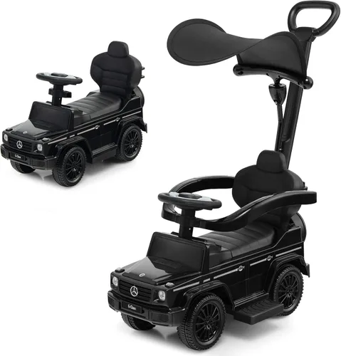 Costzon Coche de empuje para niños pequeños, 3 en 1 Mercedes Benz Cochecito deslizante para caminar con toldo, asa, barandilla de apoyabrazos,
