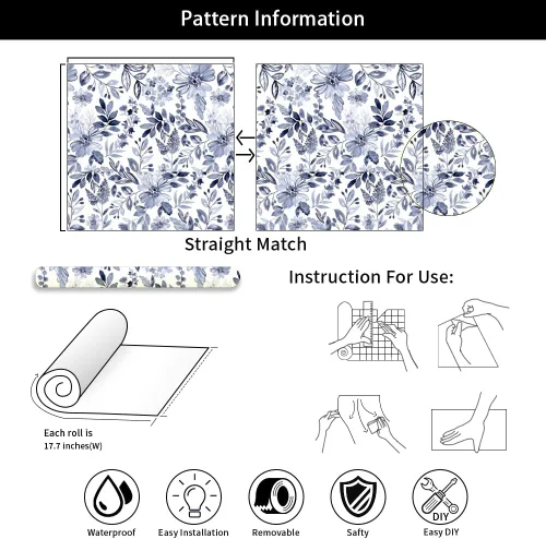 Miniatura 6 de Papel tapiz autoadhesivo de 18 x 236 pulgadas, diseño de acuarela azul marino y blanco, papel de contacto extraíble para cocina, dormitorio, baño