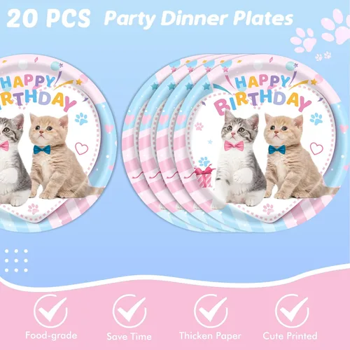 Miniatura 4 de Ryzovo Suministros para fiesta de cumpleaños de gato, 62 piezas de decoración de fiesta de gato y juego de vajilla - Decoración de fiesta