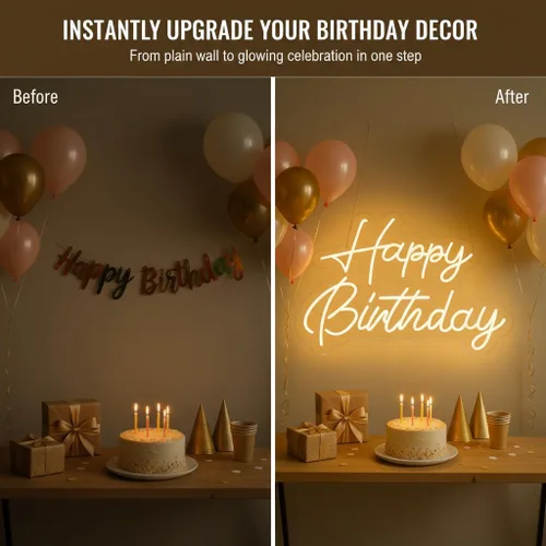 Miniatura 2 de Letrero de neón de feliz cumpleaños, 22 x 16.9 pulgadas, grande, blanco cálido, regulable, luz LED, telón de fondo de neón para decoración de pared