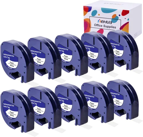 Hehua 91330 10697 Recambio de cinta para etiquetadora, 10 unidades, compatible con recambios Dymo de 0.472 in x 13.1 ft 1/2 x 13 papel negro sobre