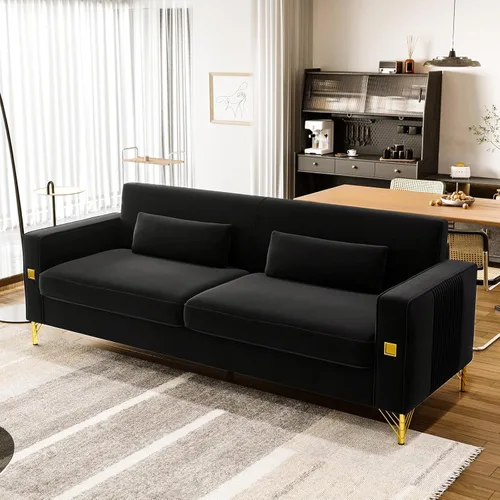 Miniatura 6 de Sofá moderno de terciopelo negro de mediados de siglo de 85.63 pulgadas con patas doradas de metal, sofás de dos plazas copetudos de 3 plazas con 2