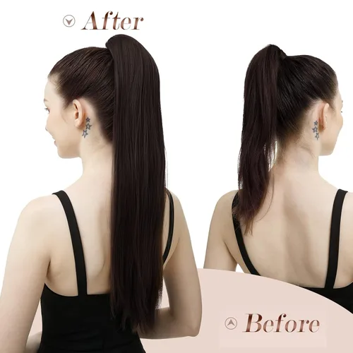 Miniatura 7 de FESHFEN Extensiones de cola de caballo rectas, colas de caballo largas con cordón, cola de caballo sintética con clip para mujer, color negro