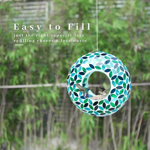 Miniatura 5 de VCUTEKA Comedero de mosaico para pájaros para colgar en el exterior con recipiente de vidrio de forma redonda para atraer más aves silvestres