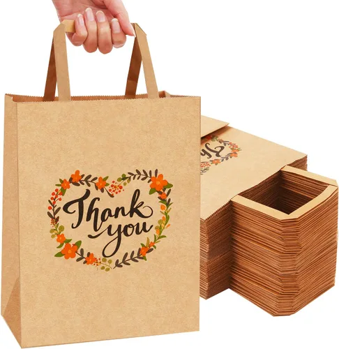 50 bolsas de regalo de agradecimiento a granel, 8 x 4.75 x10 pulgadas, bolsas pequeñas de regalo de papel de estraza con asas, bolsas para regalos