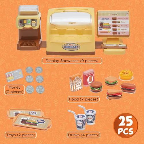 Miniatura 7 de Juego de hamburguesas con menú de juguete, juego de cocina para niños, soporte retro para comedor para niños, juego de cocina para niños pequeños