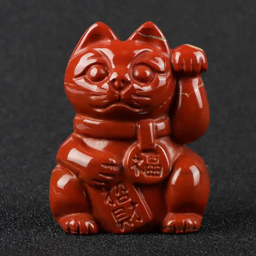 Artistone Figura coleccionable de cristal de jaspe rojo Maneki Neko Money Feng Shui Fortune Lucky Cat Escultura de piedras preciosas para atraer