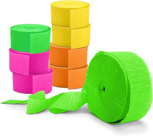 Glow King Serpentinas de luz negra, paquete de 8 rollos fluorescentes de 100 pies, papel crepé neón reactivo a los rayos UV de alta calidad, regalo
