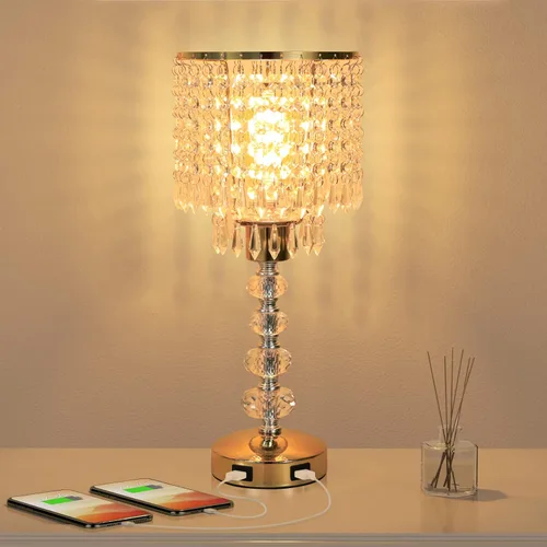 Miniatura 7 de Lámpara de mesa de cristal con control táctil, regulable de 3 vías, lámpara pequeña para mesita de noche con 2 puertos de carga USB, lámpara de mesa