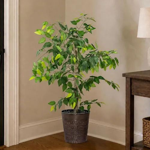 Miniatura 5 de LCG Florals - Árbol artificial de ficus de 4 pies en maceta de metal de cobre, planta de interior sintética con tronco de madera real, totalmente