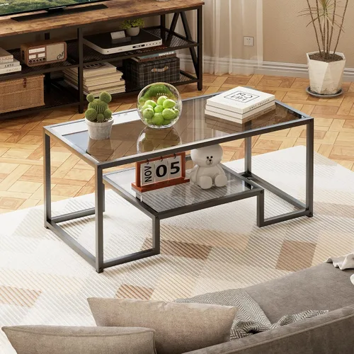 Miniatura 4 de Wolawu Mesa de Café de Cristal Gris Mesa de Café para Sala de Estar, Mesa Central Rectangular de 2 Niveles con Marco de Metal Resistente, Mesa