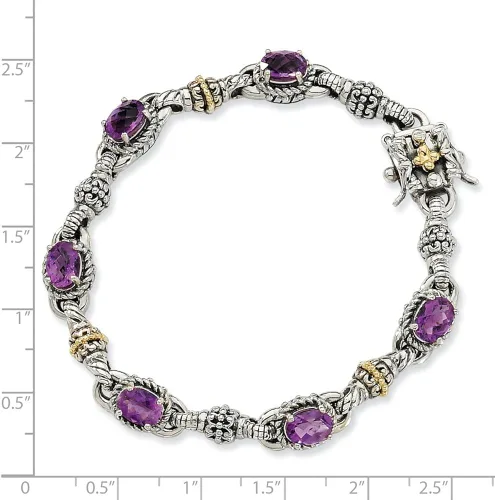 Miniatura 2 de Pulsera de plata de ley 925 maciza de oro amarillo de 14 k amatista púrpura febrero de 7.5in