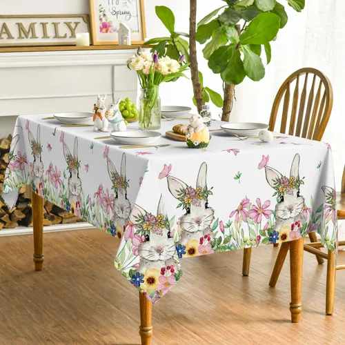 Miniatura 4 de Horaldaily Mantel de Pascua de 52 x 70 pulgadas, mantel lavable de primavera con diseño de conejito de flores para decoración de fiestas, pícnic