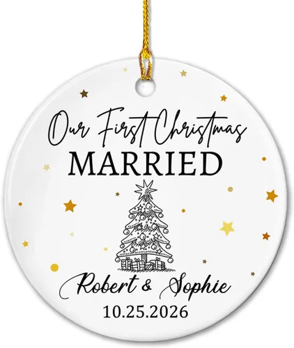 Miniatura 16 de Adorno de cerámica Our First Christmas Together, adorno de Navidad 2025 personalizado con nombre y fecha, renos para colgar en cerámica, regalo