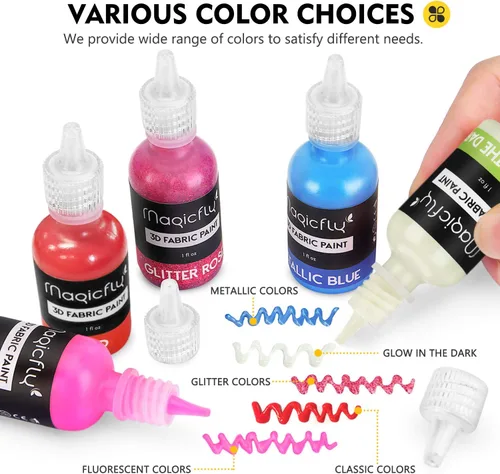 Miniatura 5 de Magicfly Pintura permanente para tela 3D, 40 colores, pintura de tela con colores vibrantes, 3 pinceles y plantillas adicionales, ideal