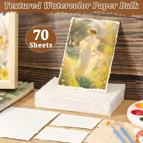 Miniatura 2 de 70 hojas de papel de borde deckled de 4 x 6 pulgadas, hojas de papel texturizado hecho a mano de 300 GSM, papel de acuarela imprimible a granel
