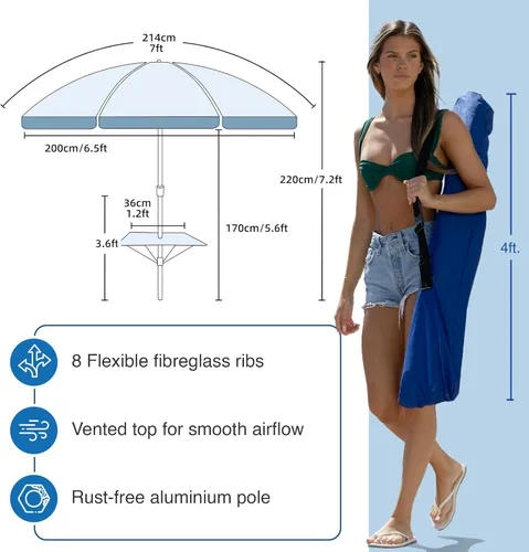 Miniatura 6 de AMMSUN Sombrilla de playa resistente de 7 pies para vientos fuertes con anclaje de arena, poste inclinable con ventilación y bandeja de mesa Azul
