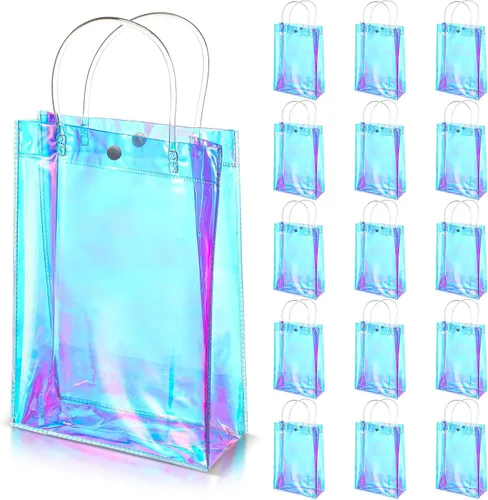 Miniatura 8 de Sherr 16 piezas bolsas de regalo pequeñas holográficas reutilizables iridiscentes transparentes para mujeres, portador de plástico de PVC con asas