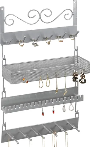 MyGift Organizador de joyería colgante de metal plateado de 4 niveles con 18 ganchos, soporte para pendientes y collar, estante para exhibición de