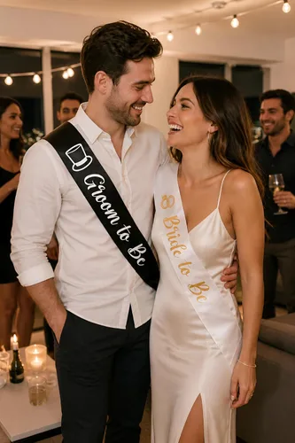 Miniatura 2 de Brosash Juego de bandas de novia y novio, bandas de satén blanco y negro para fiesta de compromiso, regalos de despedida de soltera, boda, despedida