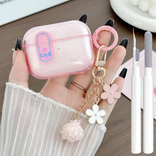 Miniatura 9 de Bonita funda Magsafe para Airpods Pro 2, clip de bloqueo para niñas y mujeres, con dijes de flores y kit de limpieza, TPU suave, Airpods iPod Pro