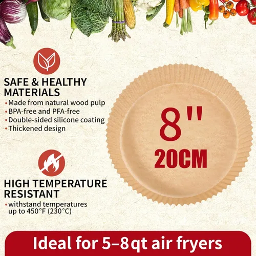 Miniatura 3 de Forros de papel desechables para freidora de aire de 40GSM, 125 piezas de 8 pulgadas de papel pergamino desechable para freidoras de aire de 5-8
