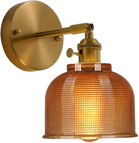 Lámpara de pared retro vintage de cristal ámbar con interruptor de latón dorado con pantalla de vidrio grueso, accesorios de pared para dormitorio