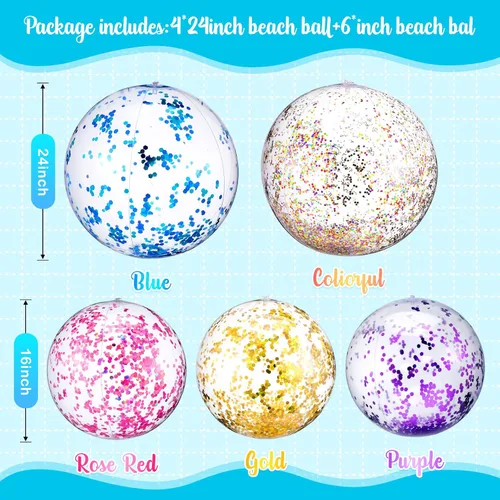 Miniatura 3 de Chivao 10 bolas de playa inflables con purpurina de lentejuelas, bolas de playa gigantes de confeti de piscina de 24 pulgadas y 16 pulgadas