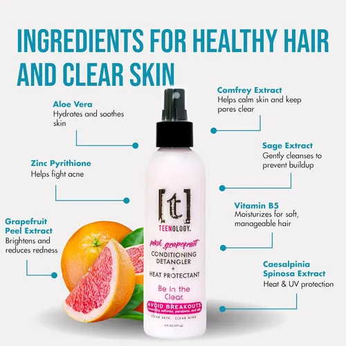 Miniatura 3 de Teenology Desenredante acondicionador sin enjuague + protector de calor para adolescentes, ayuda con el acné y los brotes, aroma de pomelo rosa, 6