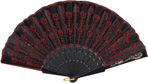 Miniatura 3 de InnoLife Elegante abanico de mano plegable con flores bordadas y patrón de pavo real con lentejuelas en tela artesanal (5 piezas, rojo)