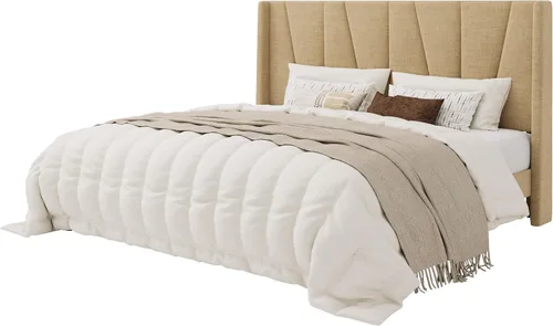 Miniatura 8 de SHA CERLIN Base de cama tamaño King con cabecera geométrica con respaldo de ala, cama de plataforma tapizada con espacio debajo de la cama de 8 Beige