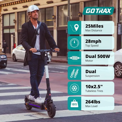 Miniatura 2 de Gotrax Ares - Patinete eléctrico todoterreno para adultos, neumáticos sin cámara de 10 pulgadas, autonomía de 25 millas con motor dual de 500W