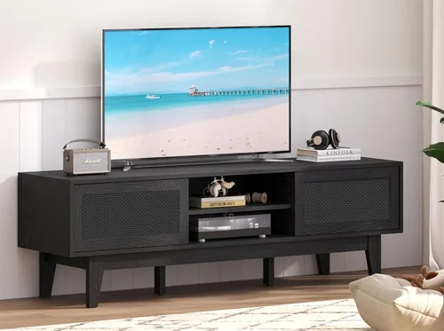 Miniatura 10 de Soporte de TV estriado para TV de 55 y 65 pulgadas, centro de entretenimiento moderno de mediados de siglo con estantes, gabinetes y puertas