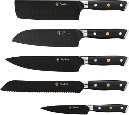 Miniatura 8 de Wakoli Juego de bloque de cuchillos de titanio noir – Juego de 5 cuchillos de chef con bloque magnético de acacia Cuchillas de acero inoxidable