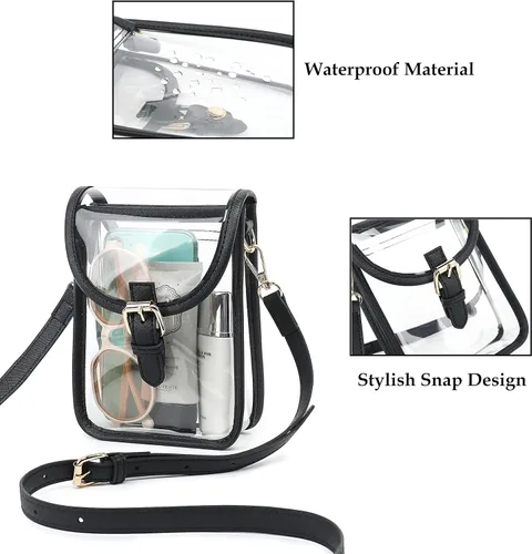 Miniatura 4 de FAIME Pequeña bolsa transparente aprobada para estadios, bolsa cruzada transparente para teléfono celular con correa ajustable para conciertos Negro