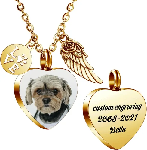 Miniatura 14 de MeMeDIY Collar personalizado con dije de urna de cenizas con estampado de pata de corazón, nombre personalizado, foto, fecha para mujeres, hombres