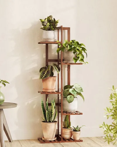 Miniatura 14 de Bamworld Soporte de bambú para plantas de interior con 6 niveles, estante de plantas de exterior, soporte de esquina para múltiples plantas, soporte